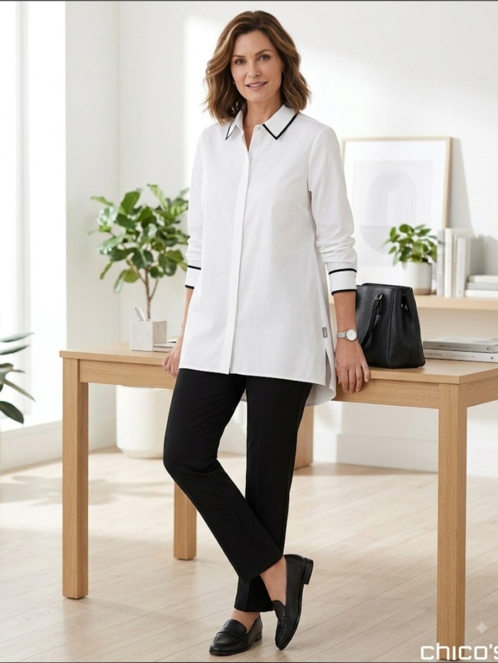 Chico's No Iron White Poplin Black Trim Button Down Tunic Shirt Size 2 L 12 14